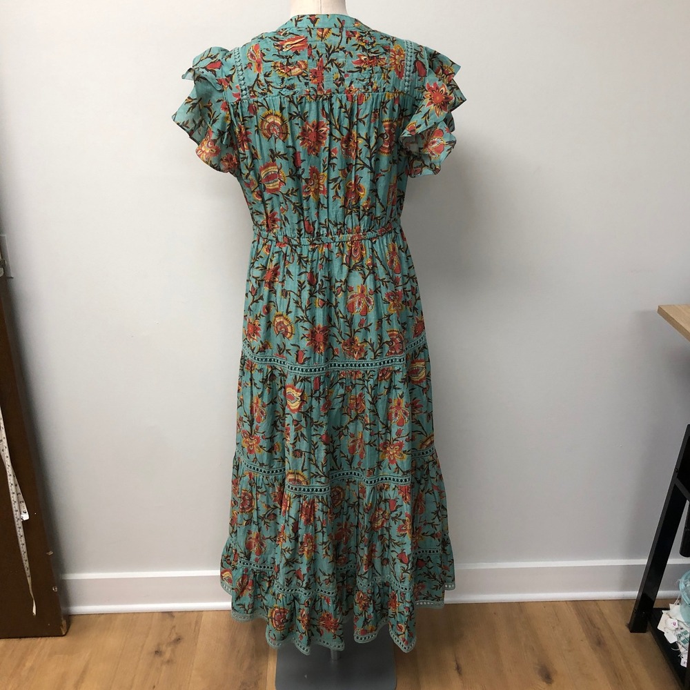 Sundance Maxi Dress Womens Medium Teal Floral Silk Blend Boho Ruffle Tiered - Picture 5 of 10